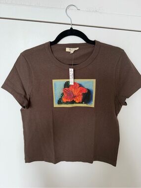 Madewell Brown Tee with Vibrant Orange Hibiscus Print